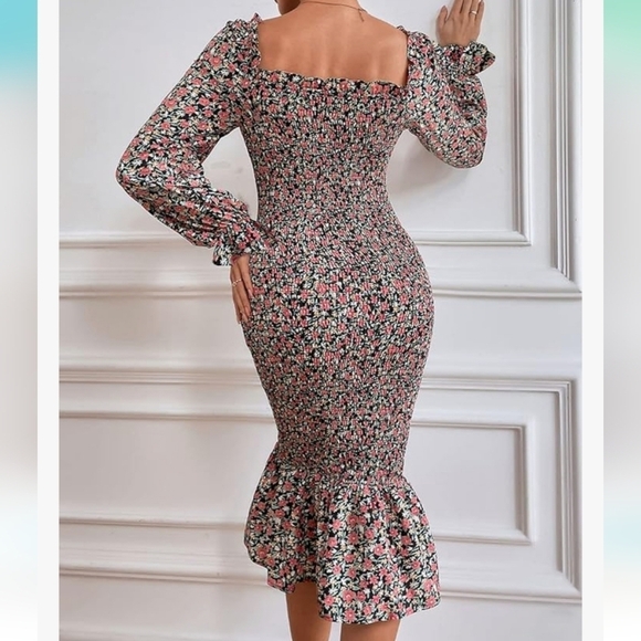 PRETTYGARDEN Long Puff Sleeve Floral Midi Bodycon Dress Size Large - Picture 11 of 11